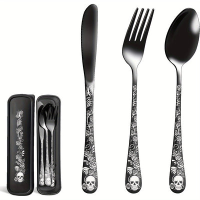 Juego de cubiertos gótico portátil, 4 piezas con estuche, acero inoxidable premium, incluye cuchara, tenedor y cuchillo, ideal para lonchera, campamento, senderismo, oficina, escuela o residencia, regalo perfecto para Día de Muertos, Navidad o Año Nuevo