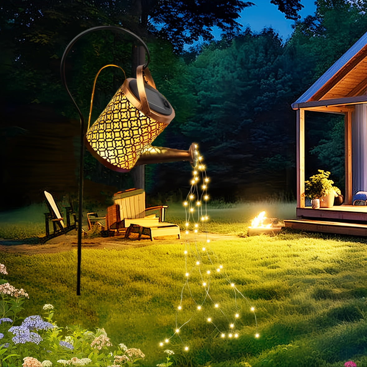 Luces de riego de hadas con energía solar, luces de cascada de tetera vintage, luces colgantes de sol, efecto de luz cálida con flujo de agua, decoración de jardín/pórtico, 36 LED, adecuadas para Navidad, festivales, regalos, fútbol.