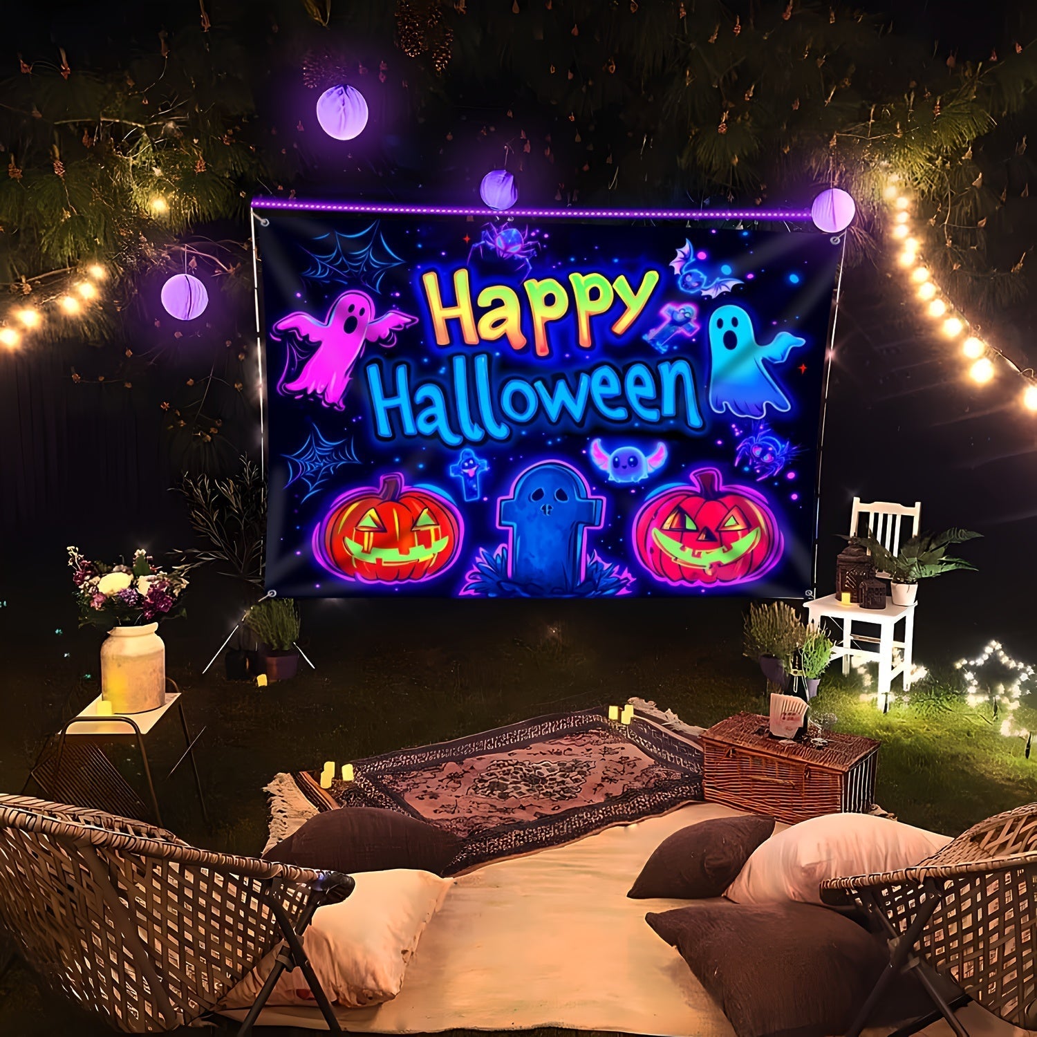 Tapiz Fluorescente Grande de Calabaza y Fantasma de Halloween - Decoración Exterior Reactiva a UV, Fondo de Fiesta Fácil de Colgar, Regalo Festivo Perfecto