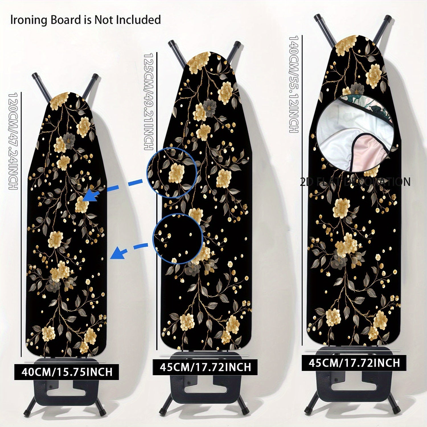 2D Plano, 2D Plano Tapete de Tablero de Planchar Floral - Lavable, Diseño Sin Planchar, Fácil de Instalar, Se Ajusta a la Mayoría de Tamaños Estándar, Elegante Patrón Floral Negro y Dorado, Perfecto para Decoración del Hogar, Accesorios de Planchar, Deco