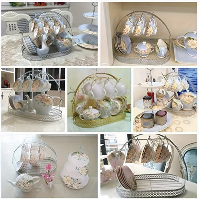 Soporte y Secador de Tazas de Café Multifuncional | Organizador de Vasos de Hierro Forjado | Soporte para Almacenamiento de Platos en Encimera para Cocina, Restaurante, Oficina (Plateado)