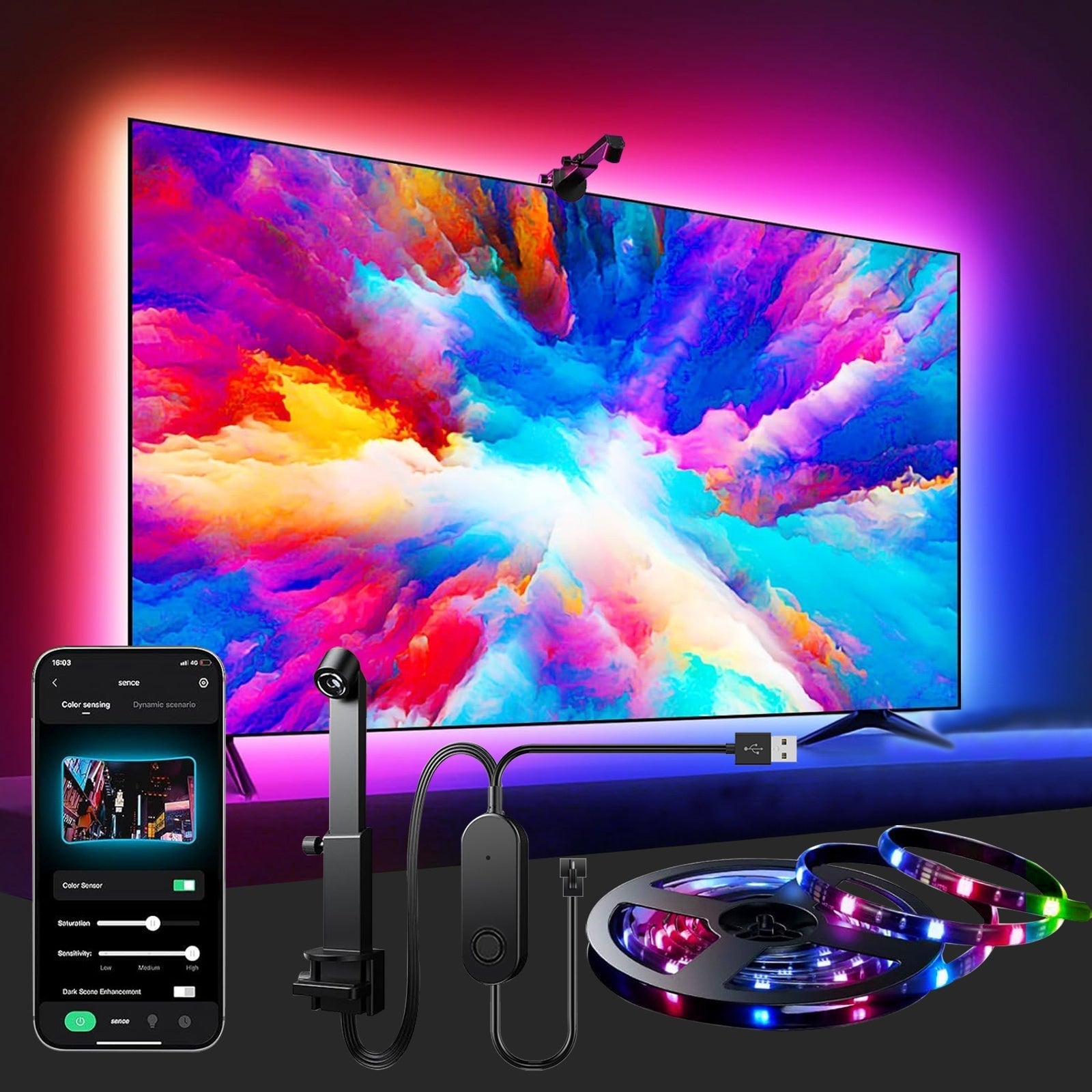 1 pieza de correa de retroiluminación LED para TV con sensor de color AR - Captura colores parciales de la pantalla, experiencia visual única, 12,5 pies para TVs de 55-65 pulgadas, 16,4 pies para TVs de 70-85 pulgadas, monitor, sala de juegos, dormitorio