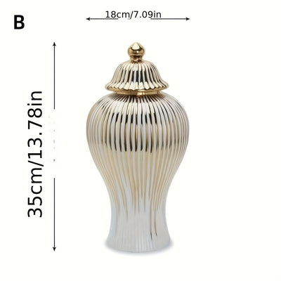 1pc Jarrón Cilíndrico Clásico a Rayas Dorado, Jarra de Cerámica Lujosa para Decoración - Elegante Florero con Tapa, Centro de Mesa para Hogar o Bodas, Recipiente Atemporal sin Necesidad de Baterías Eléctricas
