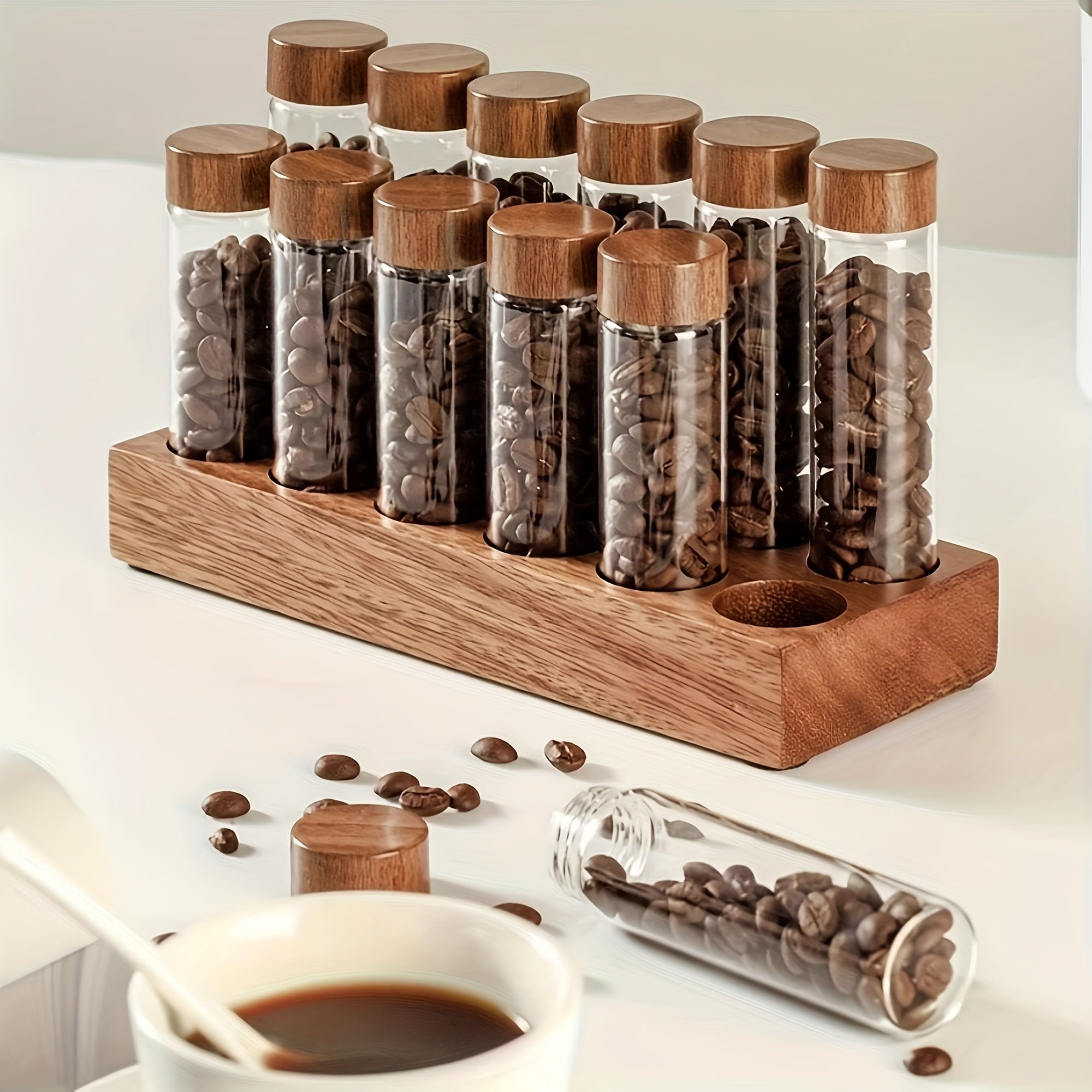 Juego de 6/12 Contenedores Multifuncionales, Frascos de Vidrio con Tapas ABS y Bases de Nogal para Café, Semillas, Miel, Especias y Aceites Esenciales - Incluye Soporte Decorativo, Ideal para Cafeterías y Cocina