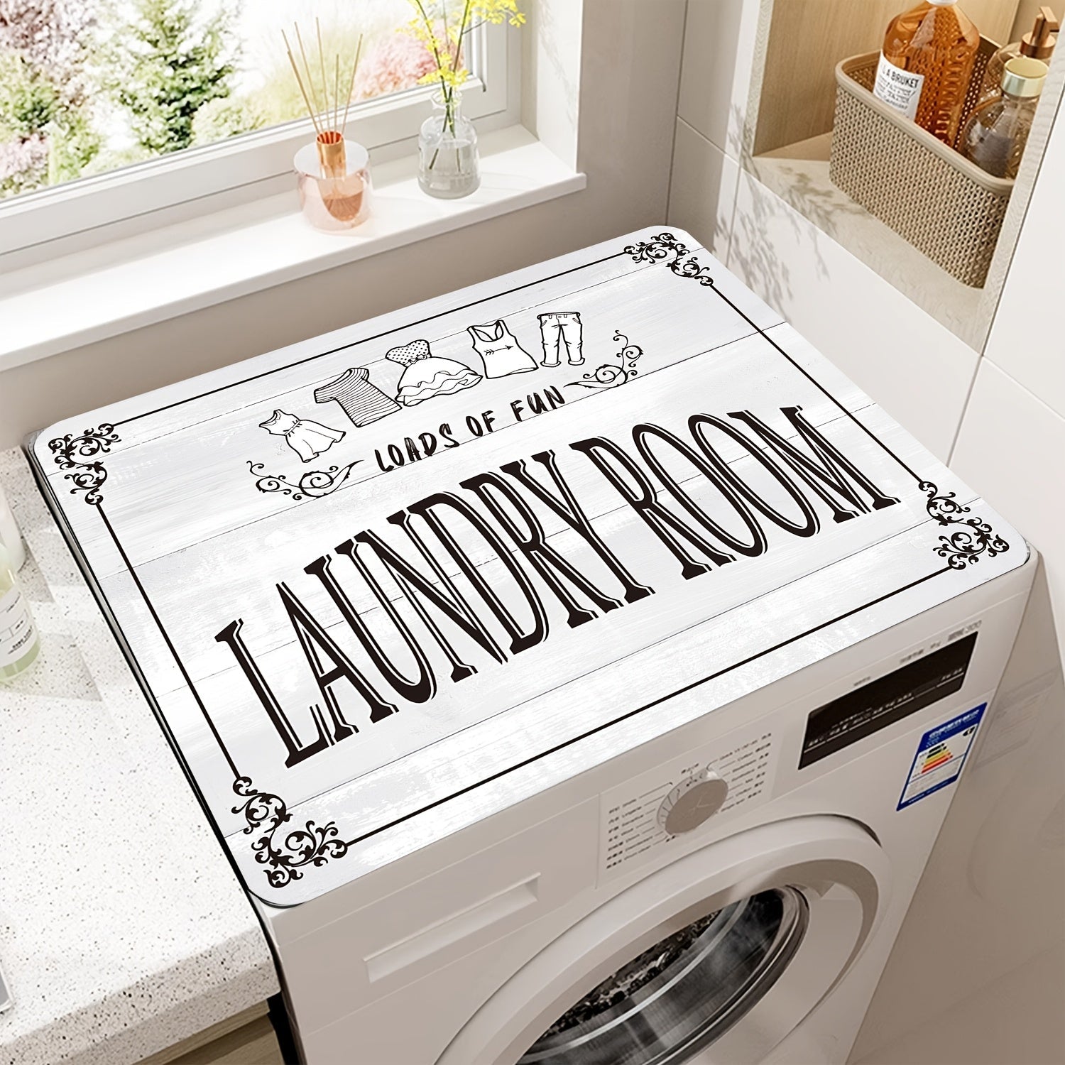 1pc Alfombrilla Absorbente y Antipolvo para Lavadora y Secadora - Diseño "Cuarto de Lavado" con Borde Decorativo en Blanco y y Patrones Florales, Protector Fácil de Limpiar para Cocina, Baño y Accesorios de Lavandería, Decoración Elegante para Suelos