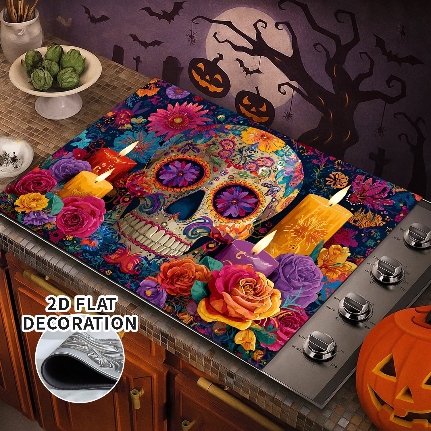 1pc Cubierta para Estufa de Halloween - Reemplazo Antideslizante con Forro de Goma para Quemadores de Gas/Eléctricos, Diseño Floral de Calaveras Azucaradas Día de los Muertos en Morado/Azul/Rosa/Naranja/Rojo/Morado - Decoración Fácil de Instalar para Coc