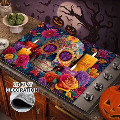 1pc Cubierta para Estufa de Halloween - Reemplazo Antideslizante con Forro de Goma para Quemadores de Gas/Eléctricos, Diseño Floral de Calaveras Azucaradas Día de los Muertos en Morado/Azul/Rosa/Naranja/Rojo/Morado - Decoración Fácil de Instalar para Coc