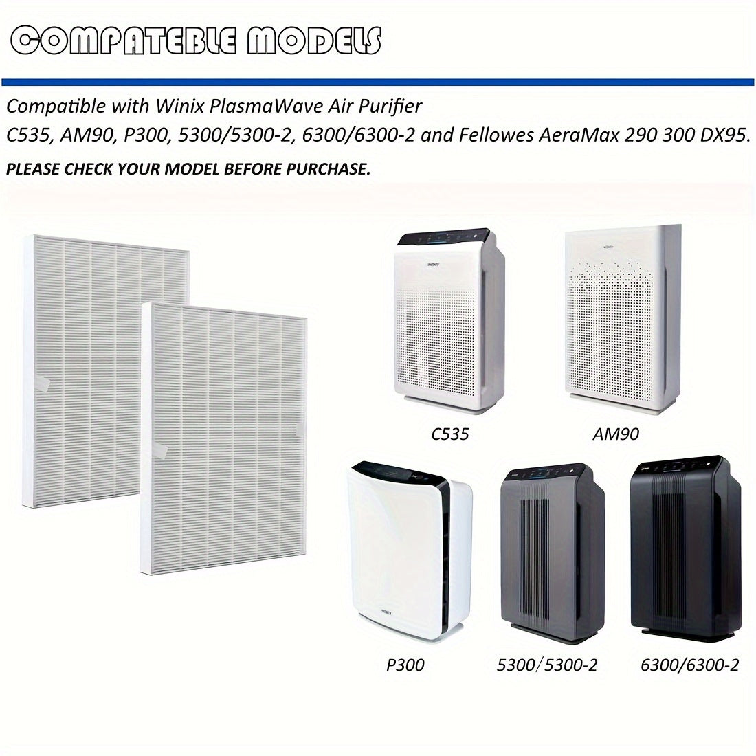 Paquete De 2 Piezas, Filtros Hepa Verdaderos Purificadores De Aire Winix Plasmawave C535, Am90, P300, 5300/5300-2, 6300/6300-2, Compatible Con Winix Plasmawave C535, Am90, P300, 5300/5300-2, 6300/6300-2 Purificadores De Aire