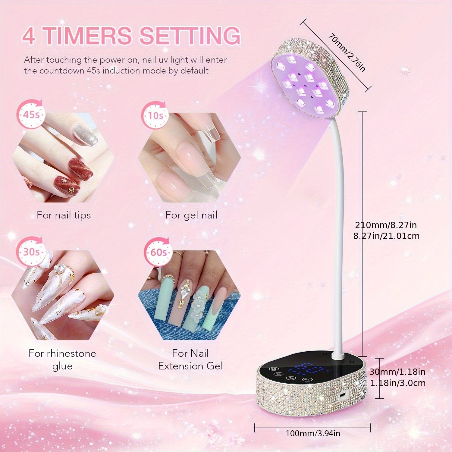 Linterna Profesional para Uñas con Temporizador Digital - Secador de Uñas LED Portátil, Luz Endurecedora USB con Pantalla LCD, Rápida para Hogar y Salón, Regalo de Cumpleaños para Técnicas de Uñas (Batería 1500mAh), Linterna para Gel, Decorada con Rhines