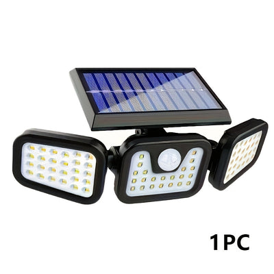 Lámparas solares para exteriores con 3 cabezales, luces solares para jardín y pared, 3 modos de iluminación con sensor de movimiento, ideales para patios, estadios, parques, hoteles, jardines, garajes, terrazas y pasillos