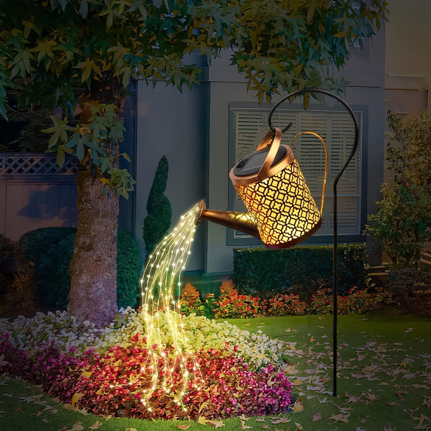 Luces de riego de hadas con energía solar, luces de cascada de tetera vintage, luces colgantes de sol, efecto de luz cálida con flujo de agua, decoración de jardín/pórtico, 36 LED, adecuadas para Navidad, festivales, regalos, fútbol.