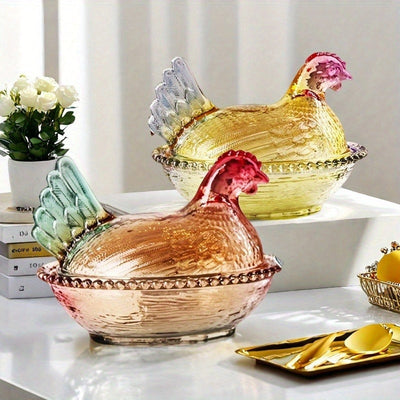 Tarro de Cristal con Forma de Gallo Elegante y Tapa - Diseño Intrincado en Rosa, Verde y Amarillo - Ideal para Dulces, Snacks o Decoración de Mesa - Lavado a Mano Únicamente - Apto para Todas las Estaciones