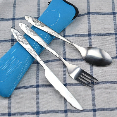 Juego de 3 piezas de cubiertos portátiles, cuchillo, tenedor y cuchara de acero inoxidable con estampado, para camping, barbacoa y uso familiar, incluye bolsa