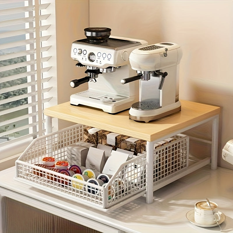 Soporte de microondas moderno para cocina con 2 cajones - Construcción duradera de madera y metal, organizador de encimera que ahorra espacio para electrodomésticos, platos y utensilios, diseño elegante para uso doméstico, organizador de encimera | Diseñ