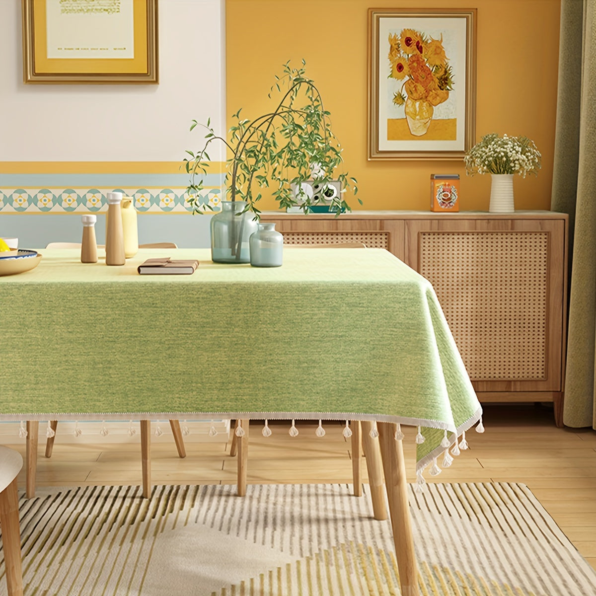 1 pieza Mantel Rectangular Azul Claro - Estilo Nórdico de Fácil Cuidado para Mesas de Comedor y Café, Color Sólido con Detalle de Flecos de Pompones Blancos, Perfecto para la Cocina o el Comedor Moderno, Mantel Diario | Decoración al Estilo Nórdico | Tel