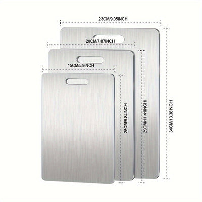 Juego de 3 tablas de cortar de acero inoxidable - Seguras para lavavajillas, doble cara para tareas de cocina diversas, esenciales para la cocina, seguras para alimentos, tamaños 9,84 x 5,9 pulgadas, 11,41 x 7,87 pulgadas, 13,38 x 9,05 pulgadas