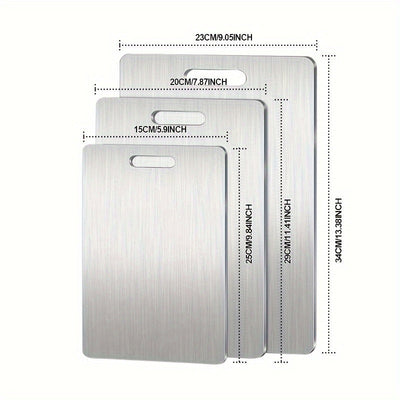 Juego de 3 tablas de cortar de acero inoxidable - Seguras para lavavajillas, doble cara para tareas de cocina diversas, esenciales para la cocina, seguras para alimentos, tamaños 9,84 x 5,9 pulgadas, 11,41 x 7,87 pulgadas, 13,38 x 9,05 pulgadas