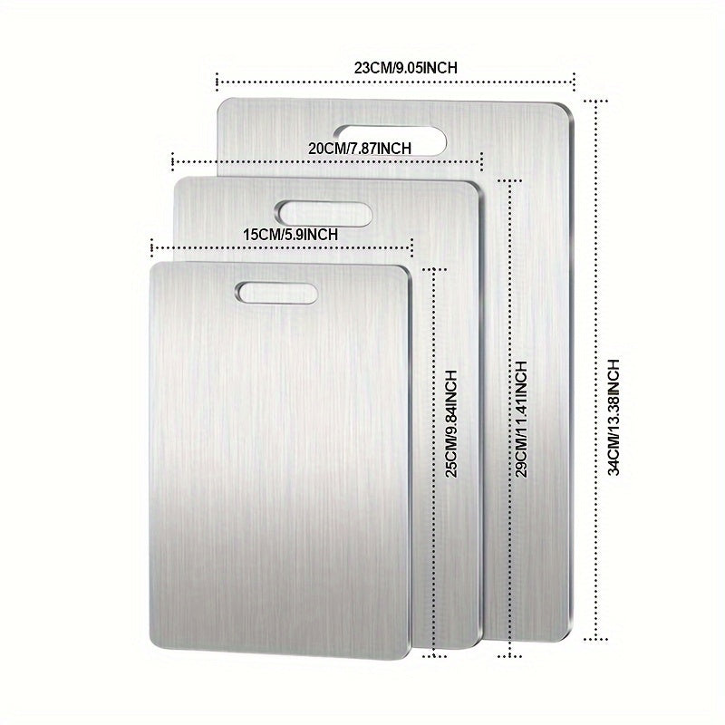 Juego de 3 tablas de cortar de acero inoxidable - Seguras para lavavajillas, doble cara para tareas de cocina diversas, esenciales para la cocina, seguras para alimentos, tamaños 9,84 x 5,9 pulgadas, 11,41 x 7,87 pulgadas, 13,38 x 9,05 pulgadas