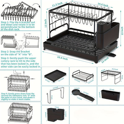 Estante de platos de metal de 2 niveles mejorado con soporte para cuchillos y almacenamiento de utensilios, sistema de drenaje elegante para tazones y platos para encimera de cocina - Sistema de drenaje rotativo