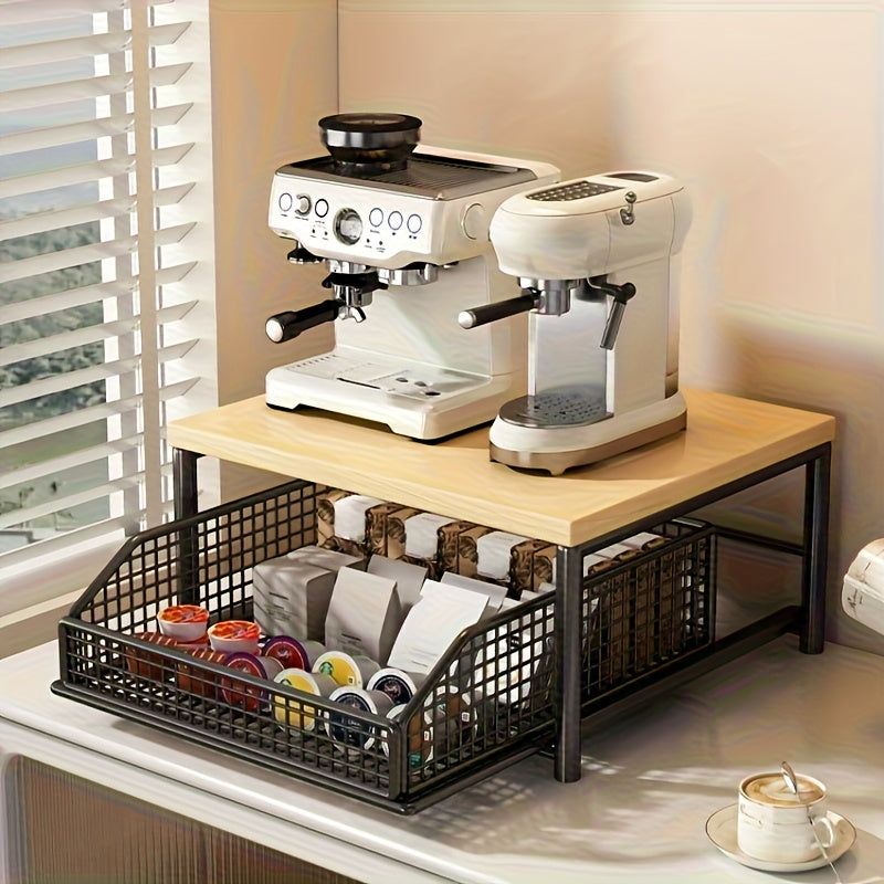 Estante de microondas para cocina negro/ blanco con cajón - Estructura sólida de madera y metal, organizador de encimera que ahorra espacio para electrodomésticos, utensilios y tazas - No requiere electricidad, diseño elegante, construcción duradera