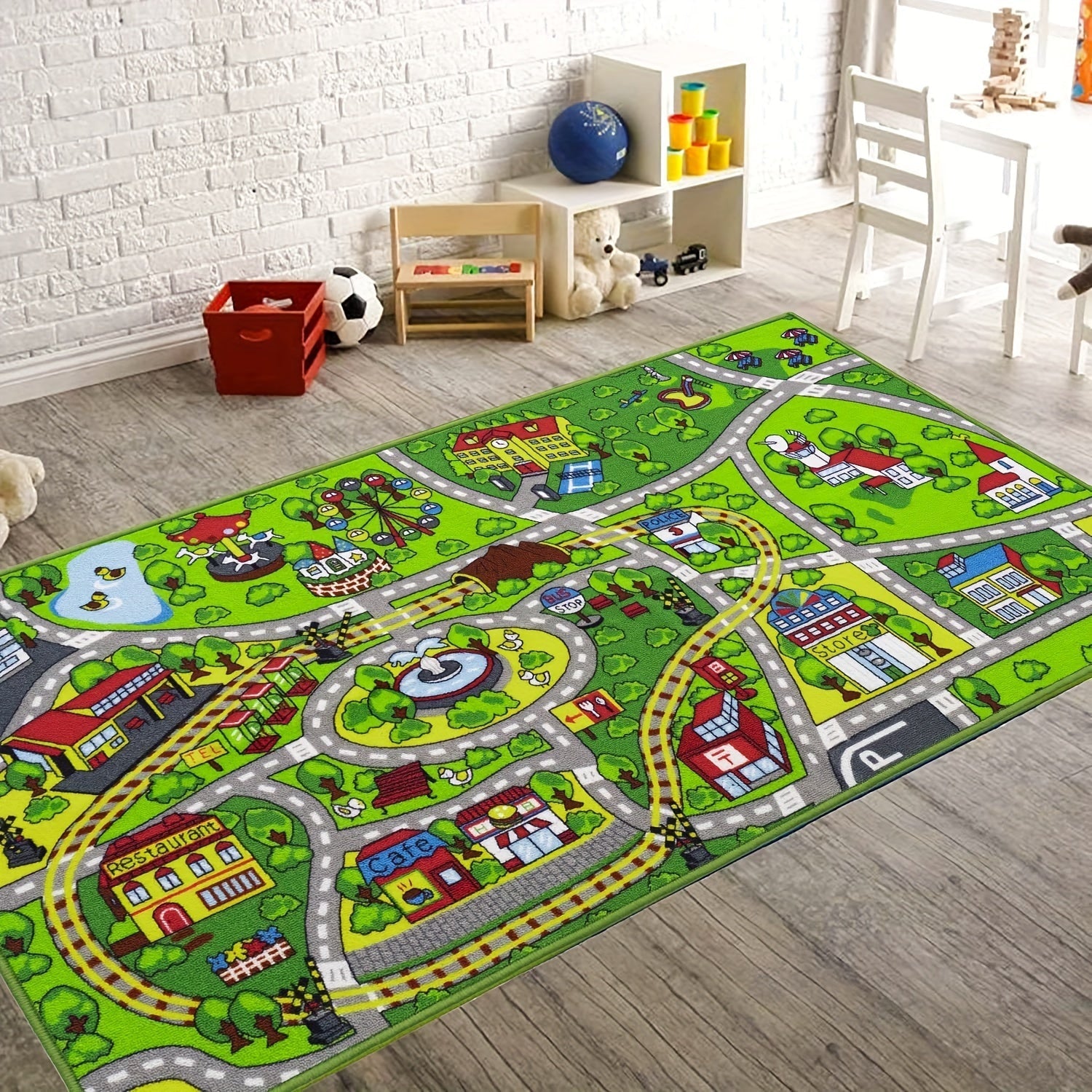 Encanto juguetón | Alfombra de terciopelo de paisaje urbano colorido - 930 g/m², antideslizante, lavable en máquina, doble filo, alfombra rectangular para salón de juegos, sala de estar, dormitorio - Ideal para coches, trenes y áreas de juego urbanas, al