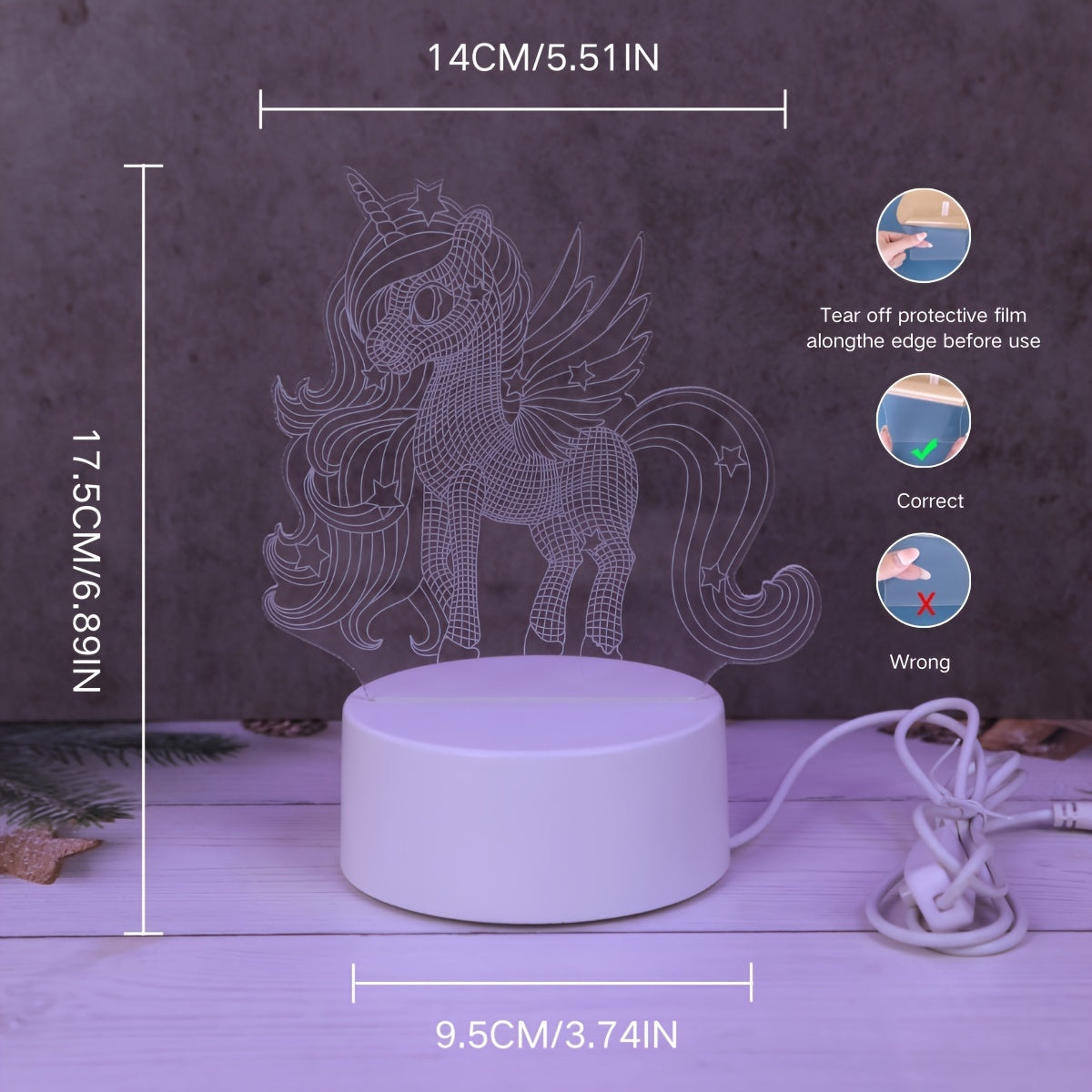1 lámpara nocturna con forma de unicornio 3D, lámpara rosa con alimentación USB, botón de encendido visual, lámpara de mesa creativa para regalo, decoración para fiestas de Navidad, bodas, cumpleaños, luz de regalo exquisita