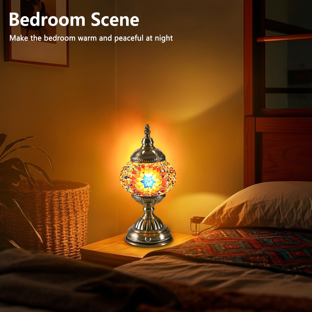 Enchufe USB con bombilla LED, lámpara artesanal estilo turco-marroquí, base de bronce, patrón de vidrio mosaico colorido al estilo Tiffany, luz nocturna de 11 pulgadas para dormitorio y estudio, iluminación decorativa
