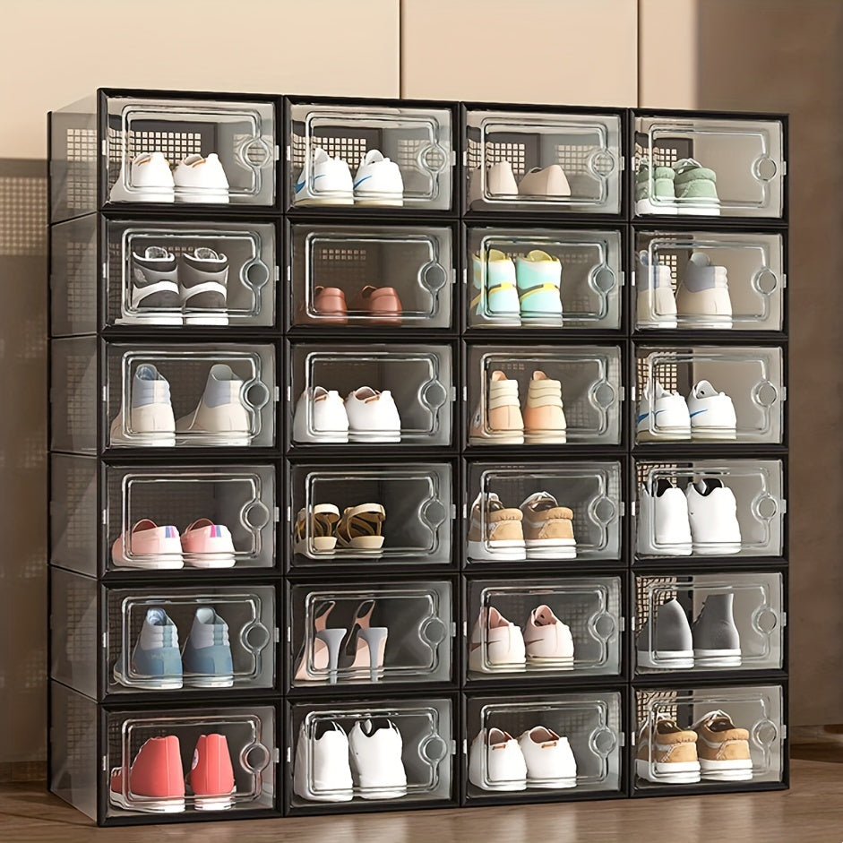 1 Set De 6/12 Piezas, Caja De Zapatos Transparente, Gruesa, Con Tapa, Plegable, Apilable, De Combinación Libre, Contenedor De Plástico Para Zapatillas, Ideal Como Organizador De Almacenamiento, Ahorrador De Espacio, Para Entrada, Dormitorio, Hogar, Decor