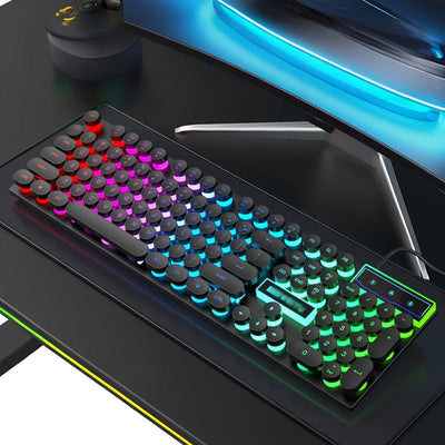 Teclado mecánico y mouse retro alámbrico, set gaming con retroiluminación multicolor, teclas estilo punk, para esports y oficina, periféricos de computadora, USB plug and play, sensación mecánica