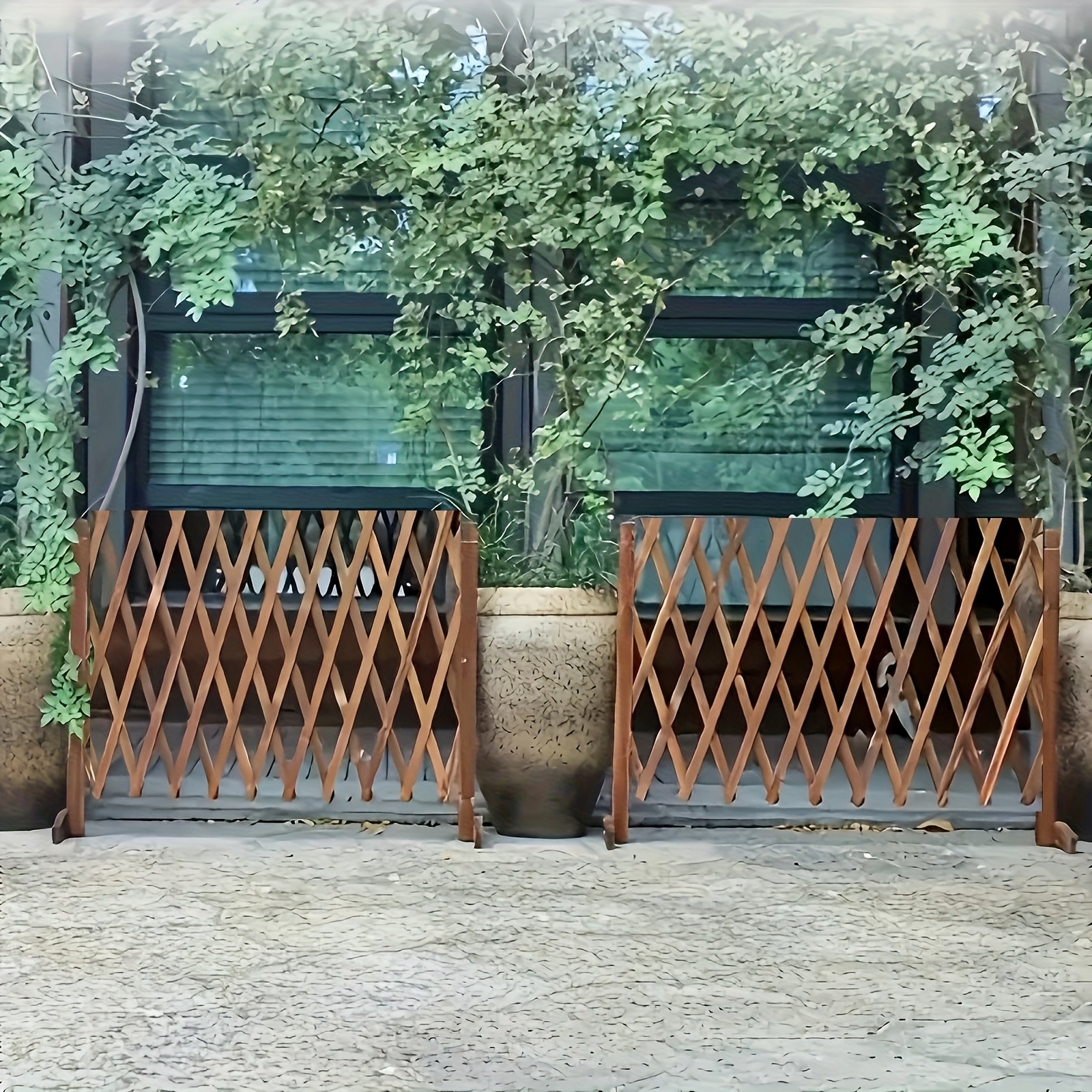 Cerca retráctil sin taladros, 1 unidad, longitud ajustable, madera tratada resistente a la intemperie con diseño de celosía para plantas trepadoras, decoración de jardín interior/exterior, pantalla de privacidad para patio y balcón