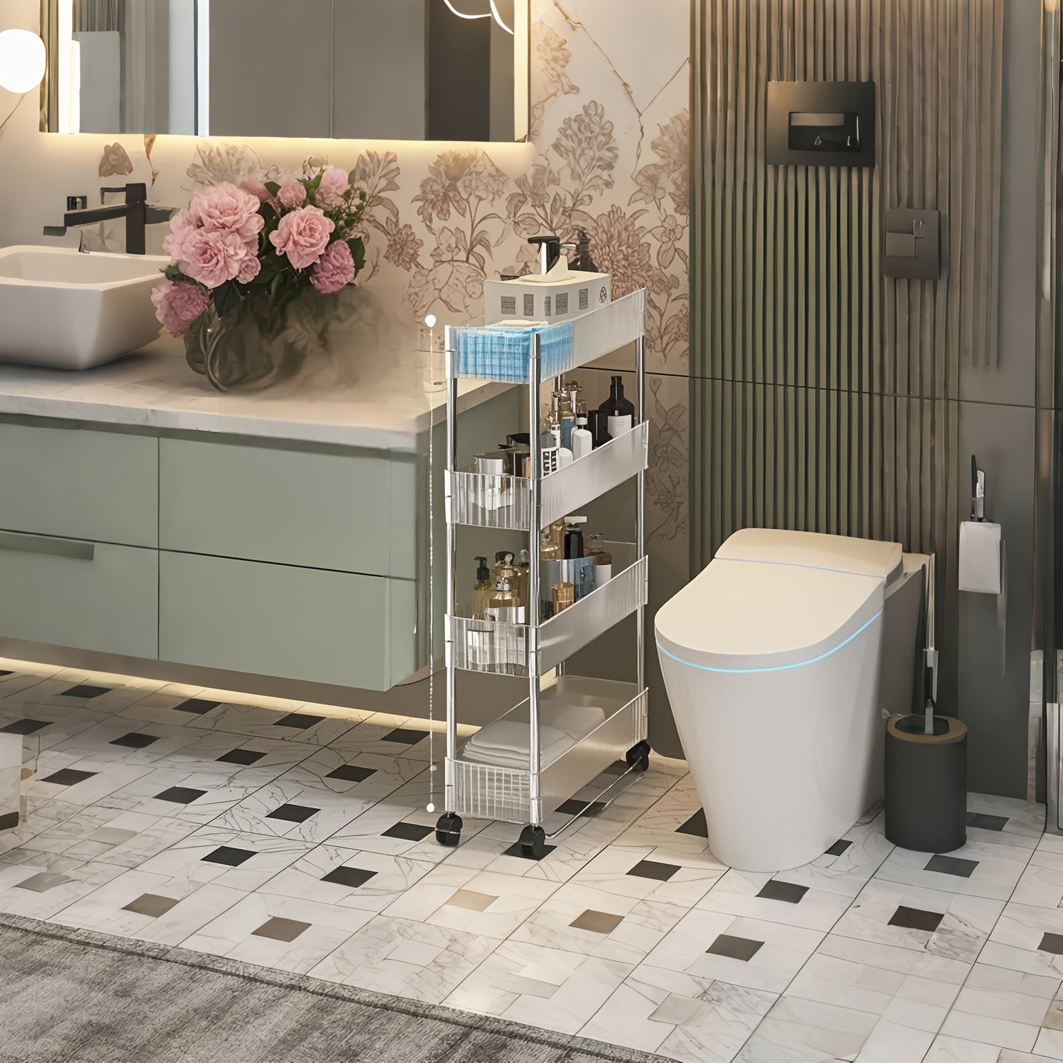 Carrito organizador angosto y delgado con ruedas - Estante de almacenamiento móvil ajustable para espacios pequeños, cocina, baño y tocador, estante ahorrador de espacio con ruedas, organizador duradero para baño (uso en mesada o piso)
