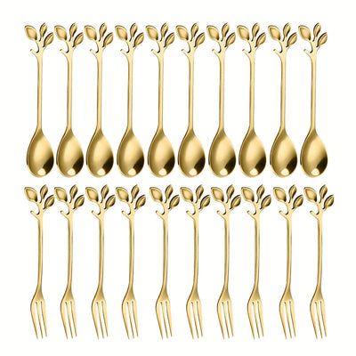 Juego de 20 Piezas de Tenedores y Cucharas Doradas en Acero Inoxidable con Forma de Hoja, Cubiertos para Postres Elegantes y Duraderos, Antióxido y Fáciles de Limpiar | Ideales para Mezclar Frutas, Aperitivos, Pasteles, Ensalada de Queso - Perfectos para