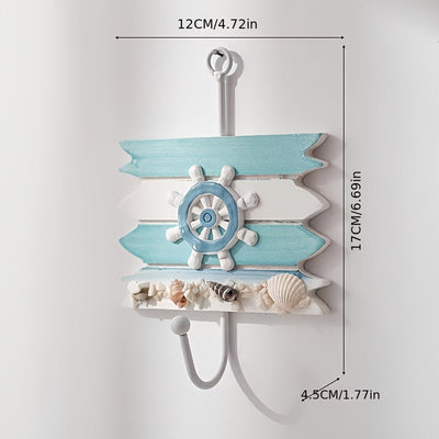 Perchero de madera contemporáneo y ganchos para toallas, organizador de almacenamiento de fácil instalación en la pared para el hogar, hotel, decoración costera - Perchero colgante de temática náutica con velero decorativo, ancla, timón y conchas marinas