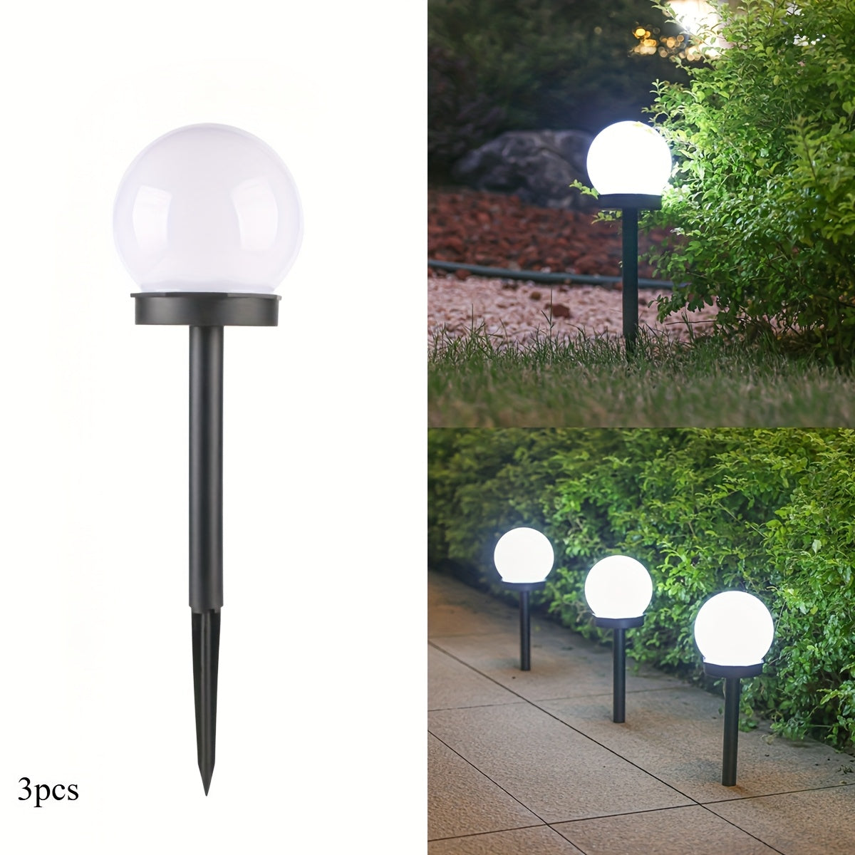 Focos solares blancos esféricos - 3/6 piezas, iluminación redonda para jardín y caminería, bajo voltaje, acabado barnizado, material plástico, ideal para decoración de patio y jardín, iluminación exterior | Diseño esférico elegante | Iluminación energéti