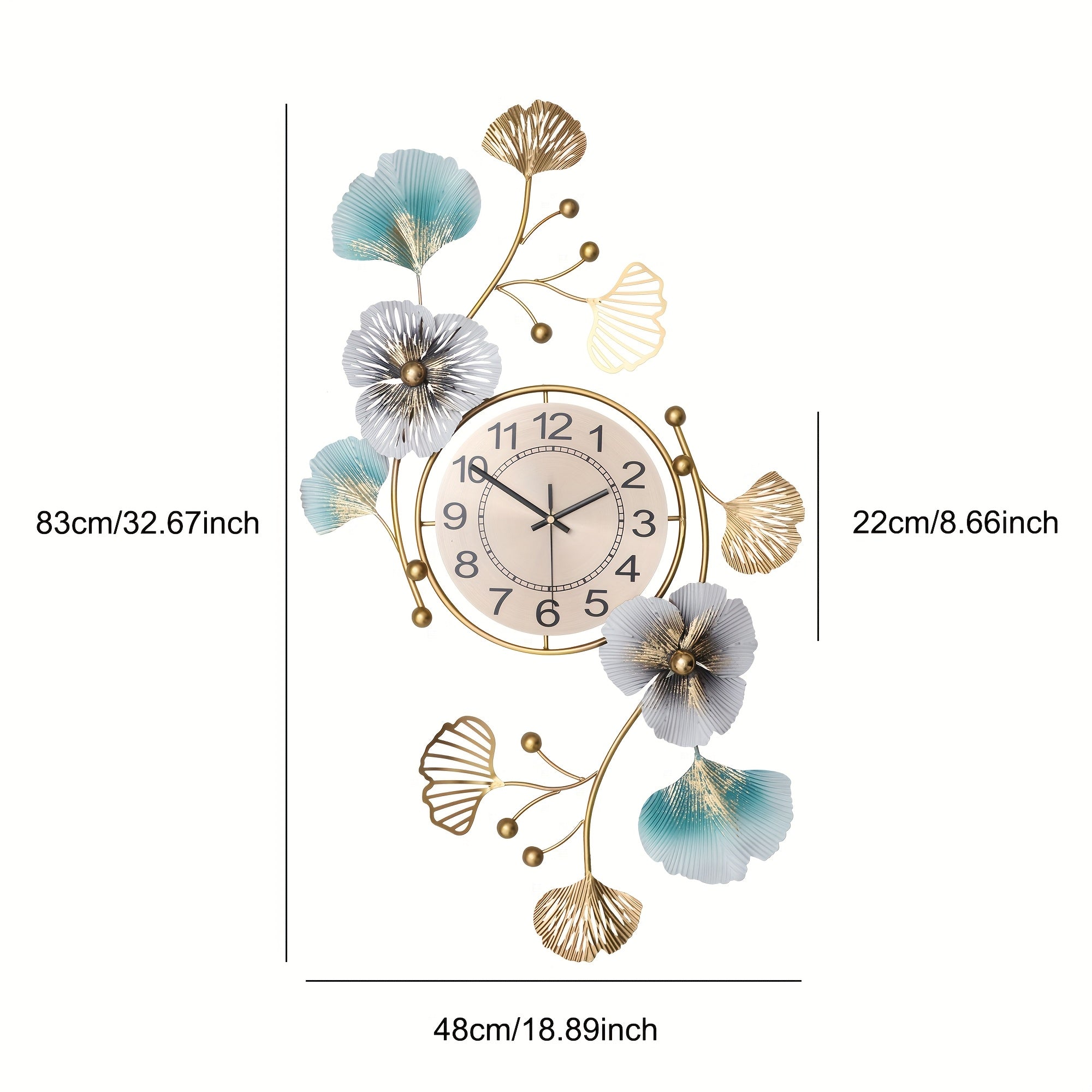 1pc Elegante Reloj de Pared de Metal con Flores y Hojas de Ginkgo, Decoración Artística para el Hogar, Silencioso, Funciona con Pilas, Sin Enchufe, para Decoración de Paredes de Sala de Estar, Dormitorio, Jardín al Aire Libre (Pilas no Incluidas)