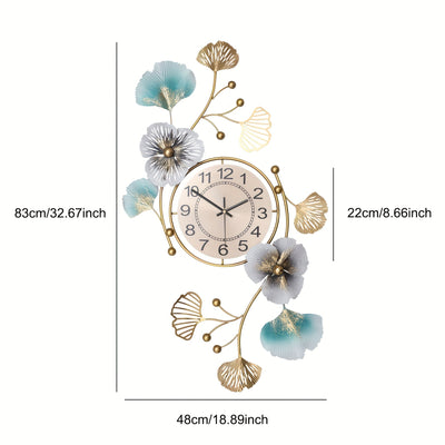 1pc Elegante Reloj de Pared de Metal con Flores y Hojas de Ginkgo, Decoración Artística para el Hogar, Silencioso, Funciona con Pilas, Sin Enchufe, para Decoración de Paredes de Sala de Estar, Dormitorio, Jardín al Aire Libre (Pilas no Incluidas)