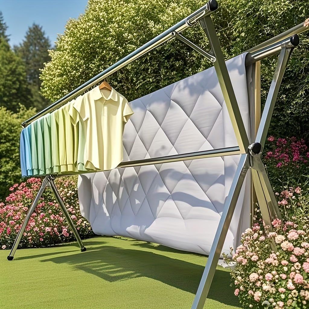 1 percha de acero inoxidable ajustable para secar ropa con ganchos antiviiento, plegable para interior/exterior, soporte metálico para ropa, sábanas y cobijas, diseño ahorrador de espacio para dormitorio, balcón o patio, perchero para exteriores | Rack d