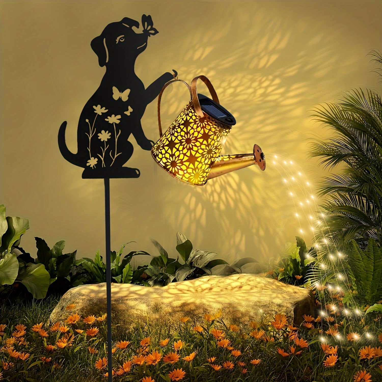 1/2 Lámpara de Riego Solar para Exteriores con Silueta de Gato/Cachorro - Decoración de Jardín Exterior, Lámpara de Riego Solar Colgante, Adecuada para Jardín, Césped, Paisaje de Patio, Jardinería Exterior, Decoración Navideña