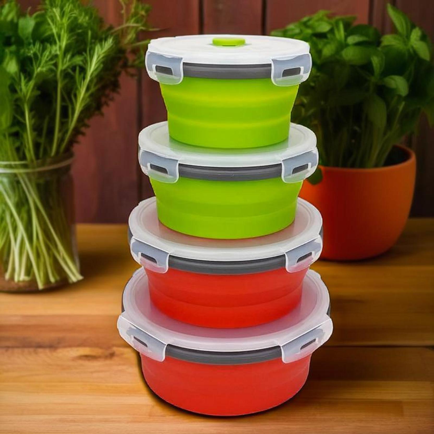 4 piezas de recipientes de silicona coloridos para almacenar alimentos con tapa - Tazones plegables y herméticos para cocina y camping, aptos para microondas y refrigerador, ideales para preparar comidas