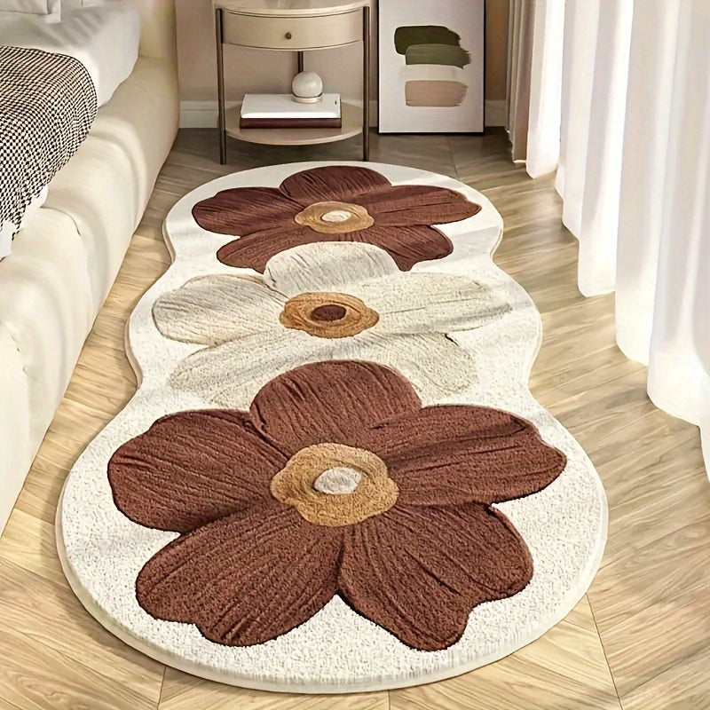 1pc Alfombra Floral para Dormitorio - Alfombrilla Antideslizante con Patrón de Flores Rosa/Beige, Base de PVC para Sala de Estar, Guardería - Fácil de Limpiar, Decorativa para el Hogar, Suelo Cómodo en la Habitación, Fibra de Poliéster, Duradera y Elegan