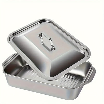 Juego de bandejas de asado de acero inoxidable con tapas, bandeja de asado rectangular de alta resistencia antiadherente, bandeja de horno multiusos para postres, pan, bandeja de asado de doble asa, bandeja de mariscos - Ideal para asados, bufés y fiesta