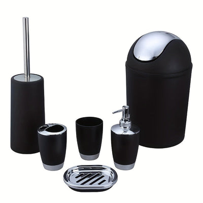 Juego de artículos de tocador de baño de hotel, juego de cinco piezas, dispensador de jabón de mano creativo de plástico, caja de jabón, soporte para cepillo de dientes, taza para la boca, cubo de basura de plástico, con cepillo de inodoro y asiento.