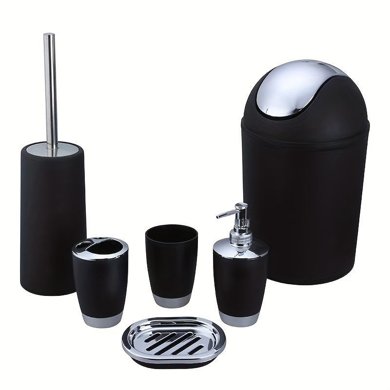 Juego de artículos de tocador de baño de hotel, juego de cinco piezas, dispensador de jabón de mano creativo de plástico, caja de jabón, soporte para cepillo de dientes, taza para la boca, cubo de basura de plástico, con cepillo de inodoro y asiento.