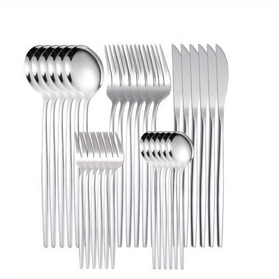 Juego de cubiertos de acero inoxidable delgado estilo portugués, 30 piezas: cuchillo para carne, tenedor para cena, cuchara para postre y tenedor para postre - Juego de vajilla para hogar y restaurantes