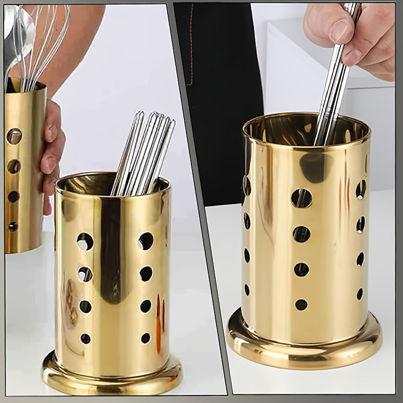 Caja organizadora de utensilios de cocina de acero inoxidable dorado, con soporte para palillos, cucharas y cubiertos, con agujeros de drenaje, ideal para herramientas, espátulas, cucharas y cubiertos, decoración de cocina
