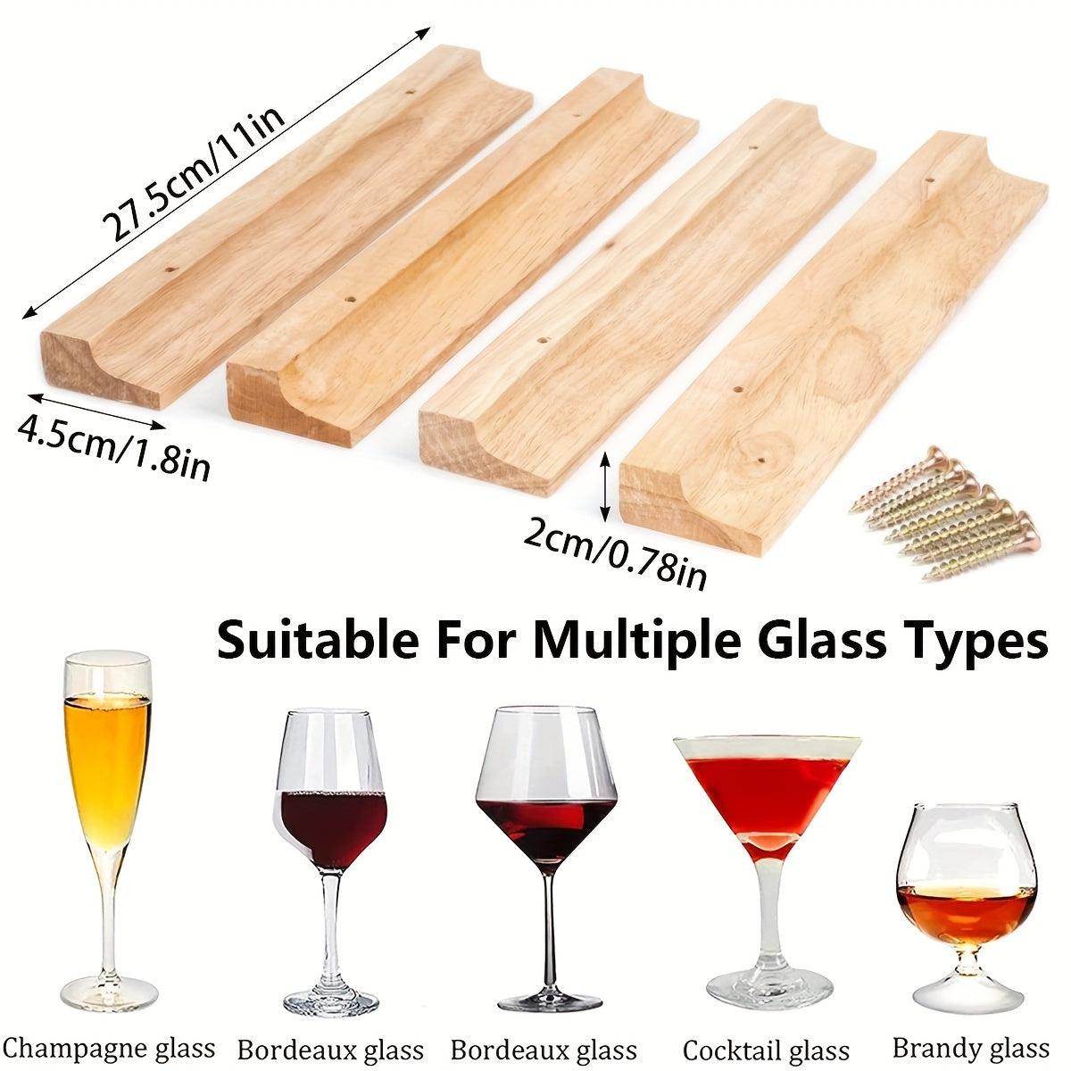 4 piezas Soporte de vino de madera elegante - Diseño de alta gama y elegante para colgar copas de vino, ideal para el hogar o el bar, Accesorios de bar | Soporte de vino moderno | Construcción de madera, Estantería para vino