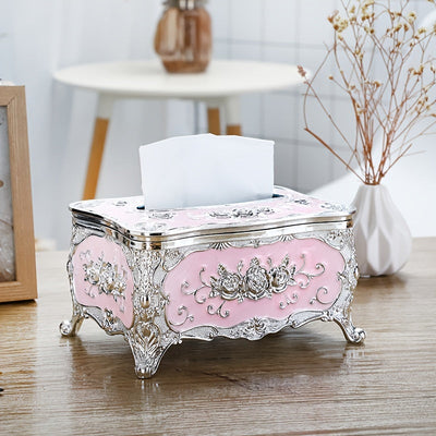 Caja de Pañuelos con Patrón de Rosas al Estilo Europeo Elegante - Plástico Duradero, Diseño Cuadrado para Uso en el Hogar y el Coche