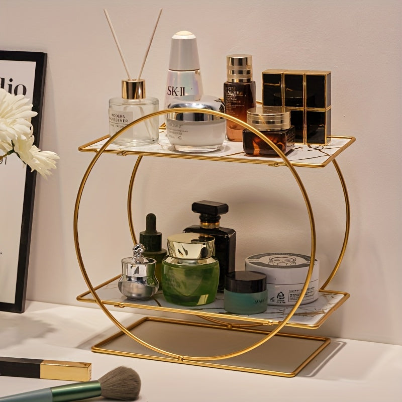 Organizadores de Maquillaje. Estante de baño hecho de hierro con estructura circular de doble capa y gran capacidad, ideal para colocar en el tocador. Su diseño elegante mejora la orden del espacio.