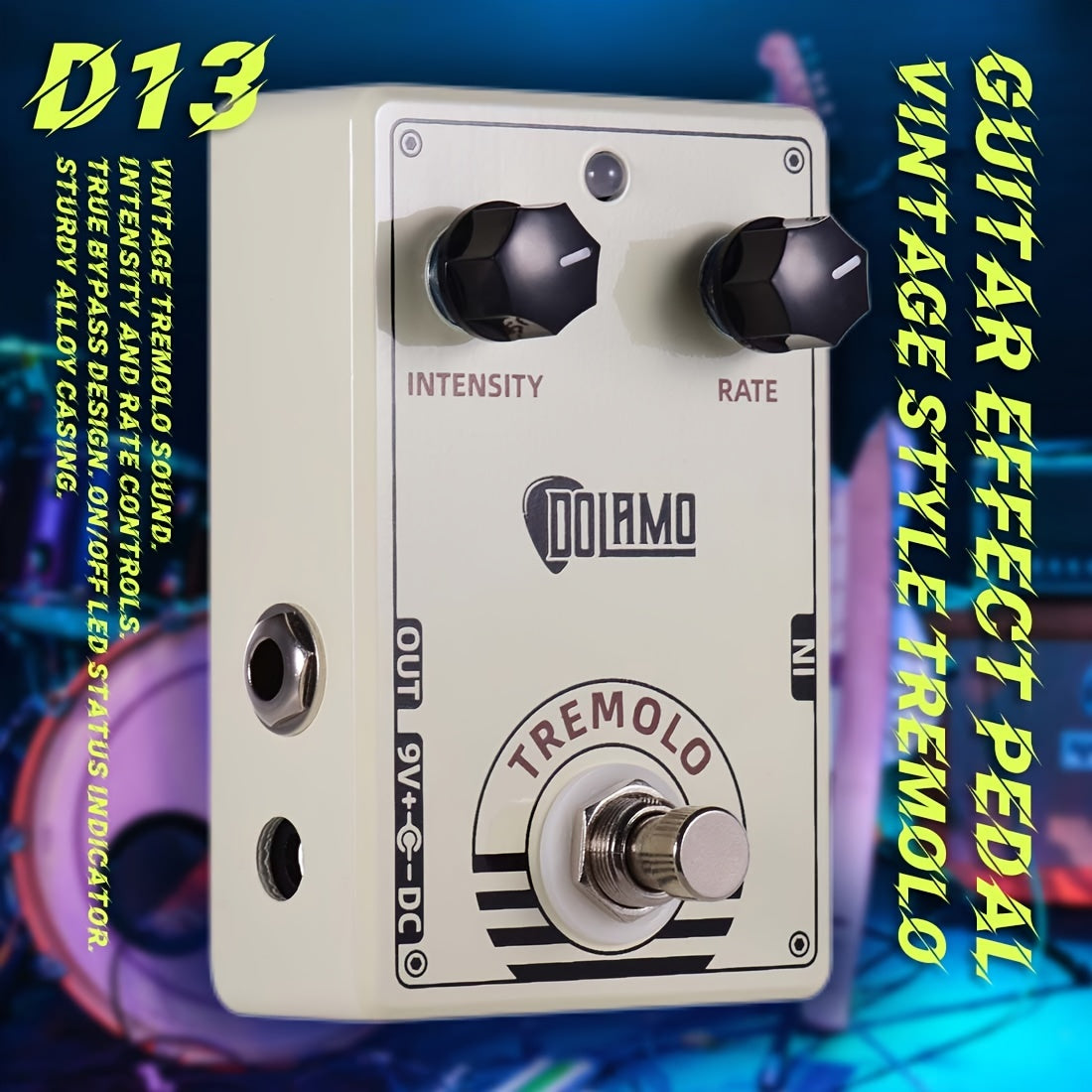 Pedal de Efecto Tremolo Estilo Vintage DOLAMO D13 con Controles de Intensidad y Velocidad, Diseño True Bypass para Guitarra Eléctrica
