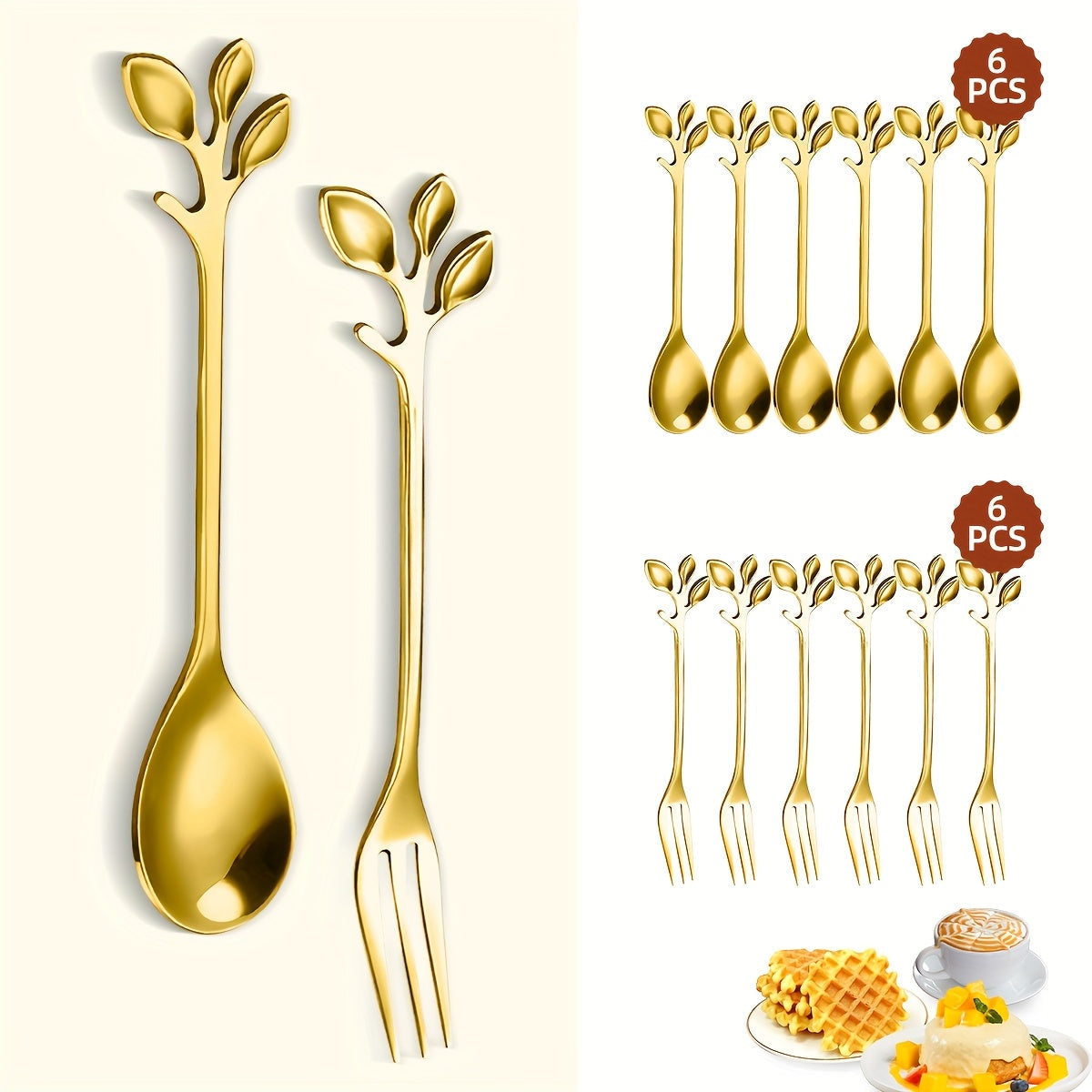 Juego de 12 cucharas doradas de acero inoxidable para café y postres, con decoración de hojas, superficie pulida y aptas para lavavajillas